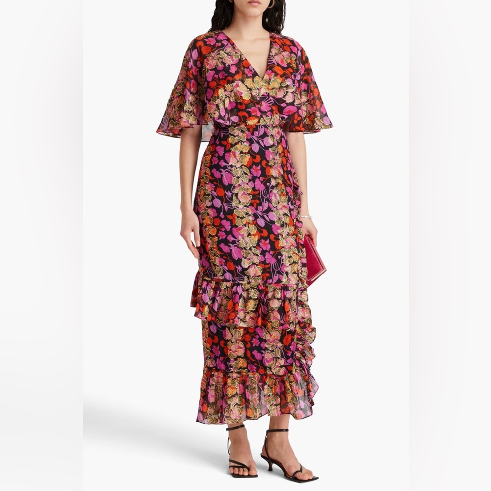 SALONI Rose Ruffled Silk-blend Metallic Midi Dress Size US 4 NEVER WORN